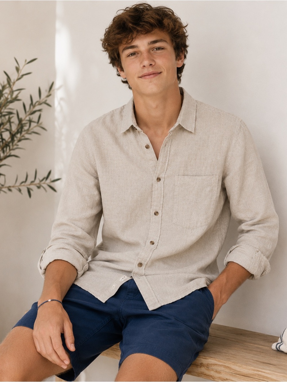 H&M Beige Button-Down Casual Linen Shirt